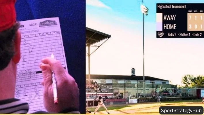 a beseball ground and a man counting scores