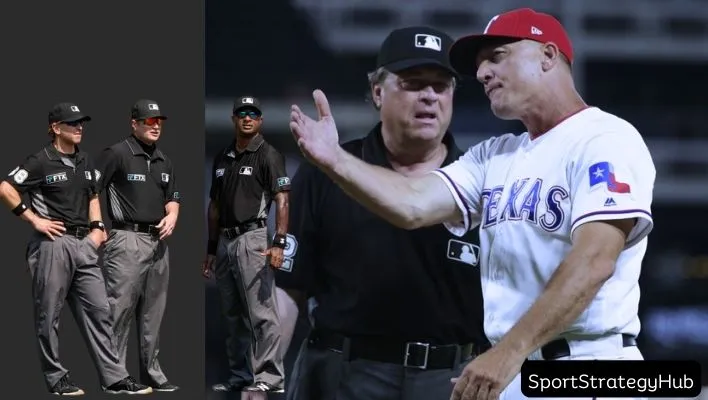 An Baseball player complaining to umpire, and 3 other umpries looking at them. 